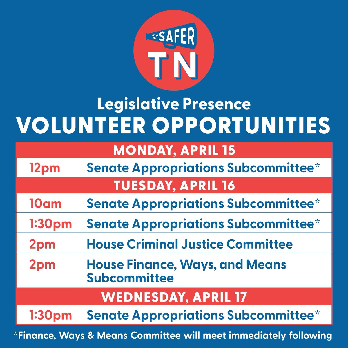 SIGN UP TO ATTEND LEGISLATIVE SESSION NEXT WEEK with your fellow Tennesseans. Legislative Session is wrapping up so click the following link to sign up and show your support for a #SaferTN: safertn.org/legislative-se…