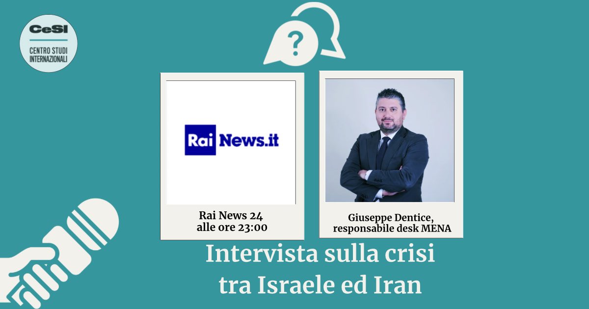📺Alle 23:00 in collegamento con @RaiNews @GiuseppeDentice, nostro Analista responsabile del desk #MedioOriente e #NordAfrica parlerà della crisi tra #Israele ed #Iran 🔎Guarda qui ➡️ rainews.it/?refresh_ce #cesiitalia