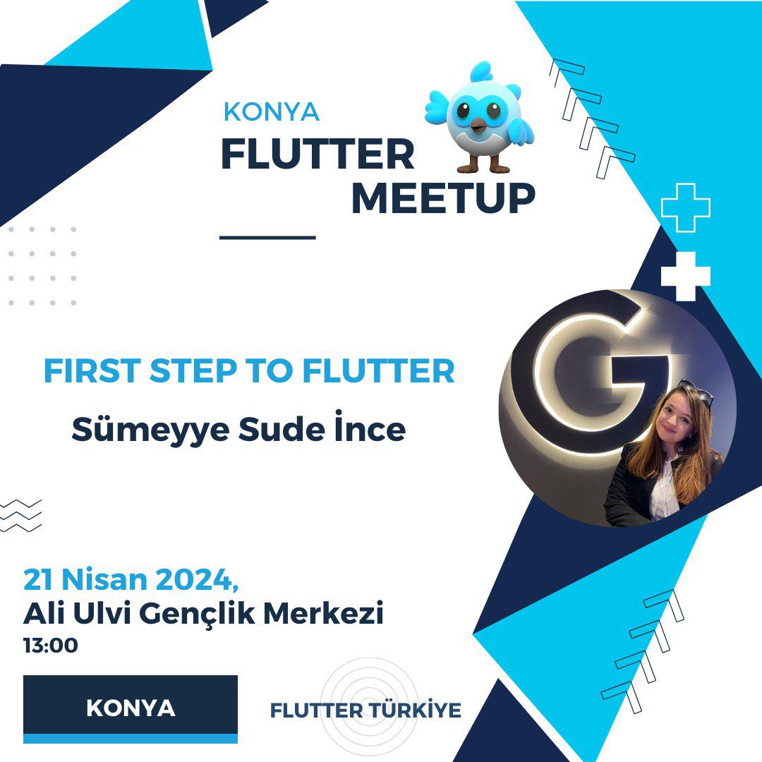 21 Nisan'da gerçekleşecek Konya Flutter Meetup etkinliğimizin ilk konuşmacısı Sümeyye Sude İnce 'First Step To Flutter' konuşması ile bizlerle 💙 #flutter Kayıt İçin 👇🏻 meetup.com/flutter-turkiy…