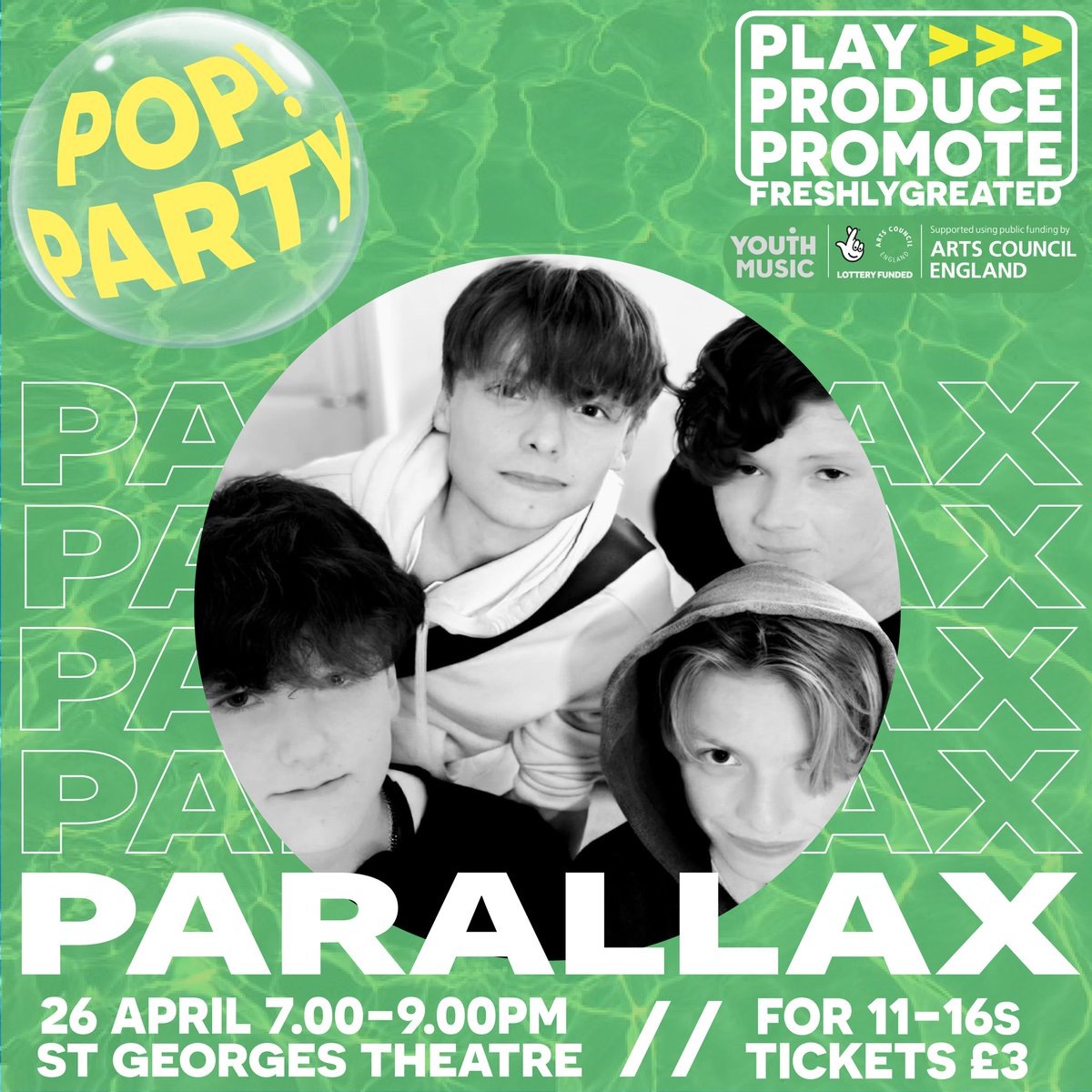 We've a great line-up for our POP! Party on Friday 26th April. Meet Parallax - a brand new teen indie-rock band who promise to bring their great vibes and explosive energy to the stage with some absolute bangers! 11 to 16? Book now, just £3 bit.ly/49lKcy7