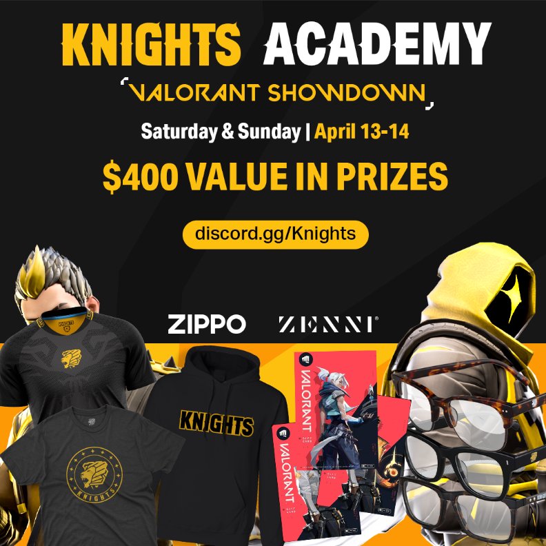 🚨 REMINDER 🚨 🎪 KNIGHTS ACADEMY - #VALORANT SHOWDOWN Claim victory on: 📅 April 13th & 14th ⏰ 6-11 PM EST 💰 $400 Prize Pool ✅ ALL RANKS WELCOME ➡ discord.gg/Knights