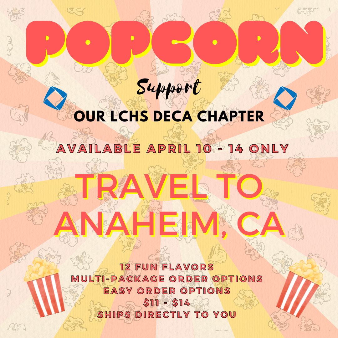 POPCORN SALES NOW OPEN! Help DECA raise money to support travel expenses! 🔗 Click on the link - buff.ly/3QcI7OD 🍿 Find your favorite popcorn 💳 Pay online 🚚 Delivered to your doorstep in days Available today at 5:00 p.m. - Sun, 4/14 at 5:00 p.m. buff.ly/3QcI7OD