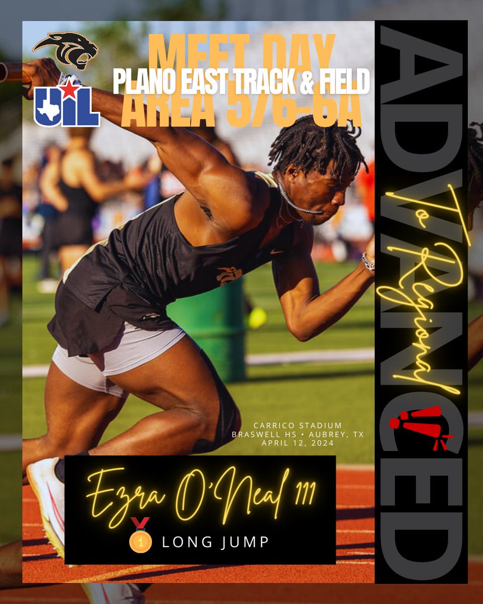 Ezra O’Neal III Area 5/6-6A Long Jump Champion 🐾💛🖤 Congrats on Advancing to Regional ‼️🎉 @PISDAthDept @EastPanthers1 @CoachReedXCTF
