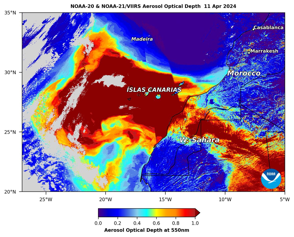 A very large plume of thick #SaharanDust (dark red/red/orange shading) expanded over the #IslasCanarias on 11 Apr, shown by @NOAASatellites @JPSSProgram #VIIRS aerosol optical depth (AOD) composite from the #NOAA20 & #NOAA21 satellites. @DustStormNews @Dust_Barcelona