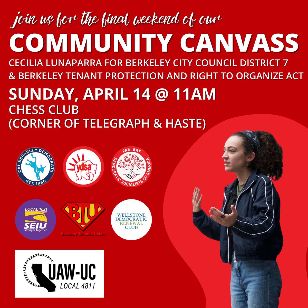 Berkeley Tenants Union - Unionize Your Building (@berkeleytenants) on Twitter photo Join us THIS SUNDAY at 11am to canvass District 7 residents about <a href="/CeciliaforBerk/">Cecilia Lunaparra</a> and collect signatures for the Berkeley Tenant Protection and Right to Organize Act alongside <a href="/DSAEastBay/">East Bay DSA 🌹</a>, <a href="/CalYDSA/">Cal YDSA</a>, <a href="/WellstoneDem/">Wellstone Democratic Renewal Club</a>, <a href="/CalDems/">Cal Berkeley Democrats</a>, <a href="/SEIU1021/">SEIU 1021</a>, and <a href="/UAW4811/">UAW4811</a>! Join us THIS SUNDAY at 11am to canvass District 7 residents about <a href="/CeciliaforBerk/">Cecilia Lunaparra</a> and collect signatures for the Berkeley Tenant Protection and Right to Organize Act alongside <a href="/DSAEastBay/">East Bay DSA 🌹</a>, <a href="/CalYDSA/">Cal YDSA</a>, <a href="/WellstoneDem/">Wellstone Democratic Renewal Club</a>, <a href="/CalDems/">Cal Berkeley Democrats</a>, <a href="/SEIU1021/">SEIU 1021</a>, and <a href="/UAW4811/">UAW4811</a>!