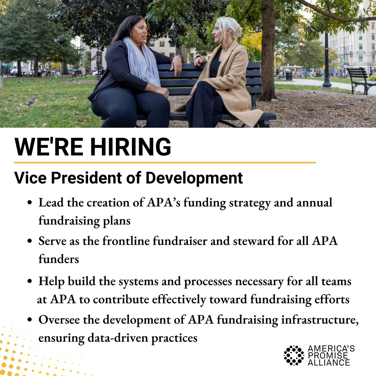 We’re hiring! The Vice President of Development (VPD) serves as the frontline fundraiser and steward for all APA funders. Learn more and apply: bit.ly/3PZb6oO