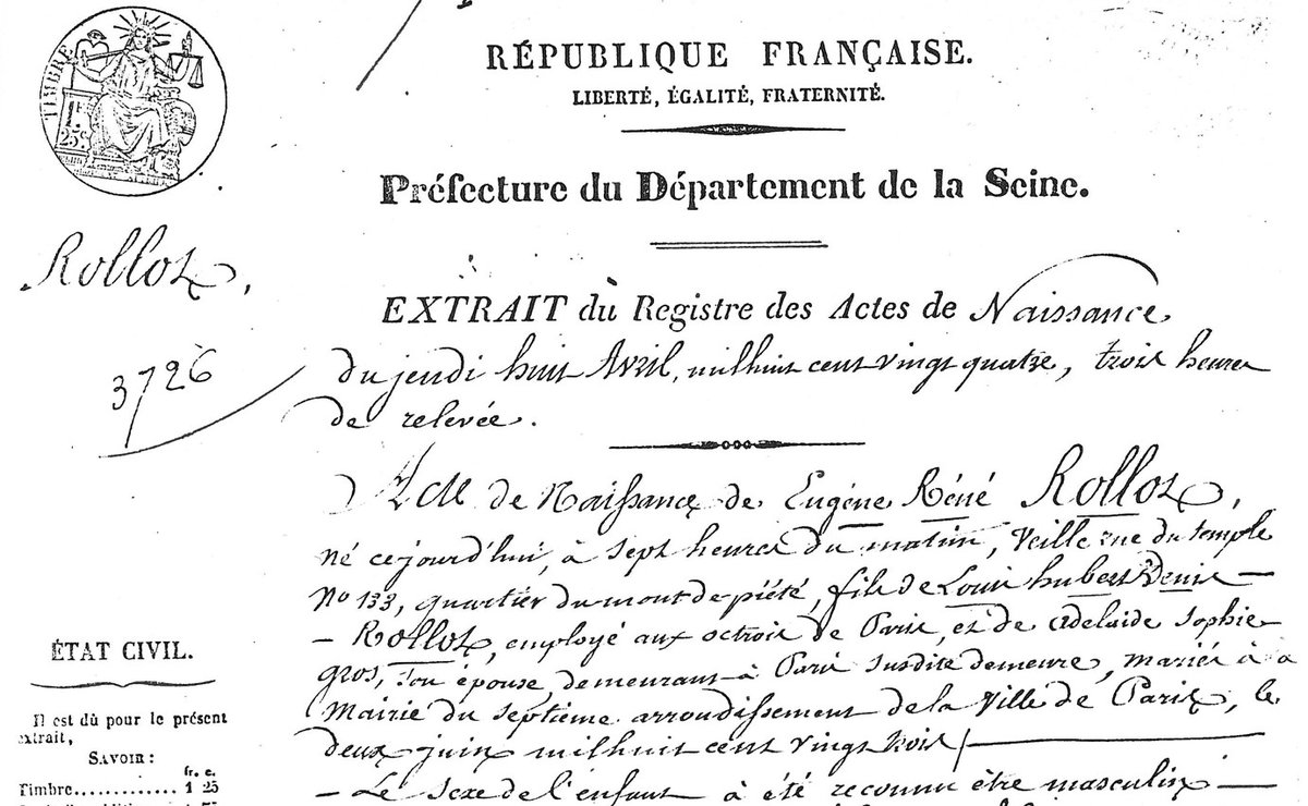 Il y a #200ans, le 8 avril 1824, naît Eugène Rollot (mon arrière-arrière-grand-père) au 133 rue Vieille du Temple, fils de Louis Rollot, ancien militaire et employé à l'octroi de Paris, et d'Adélaïde Gros. 1/3