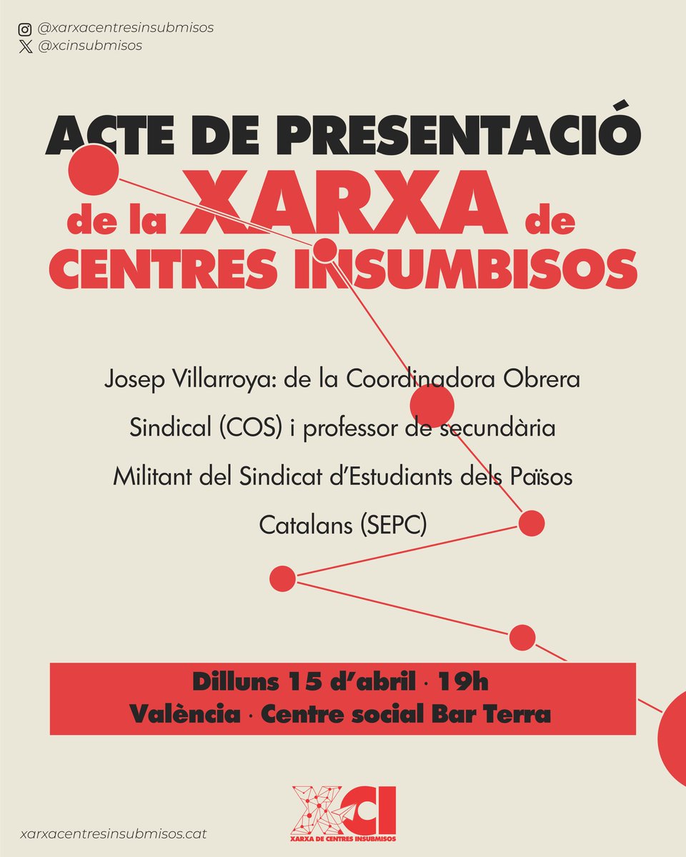 xcinsubmisos's tweet photo. Dilluns que ve presentem la Xarxa de Centres Insubmisos a València de la mà del @sepc_uv_ i @COS_Horta . Us hi esperem!

🕖 19h
📍 Centre social Bar Terra https://t.co/Aq1cMi5noP