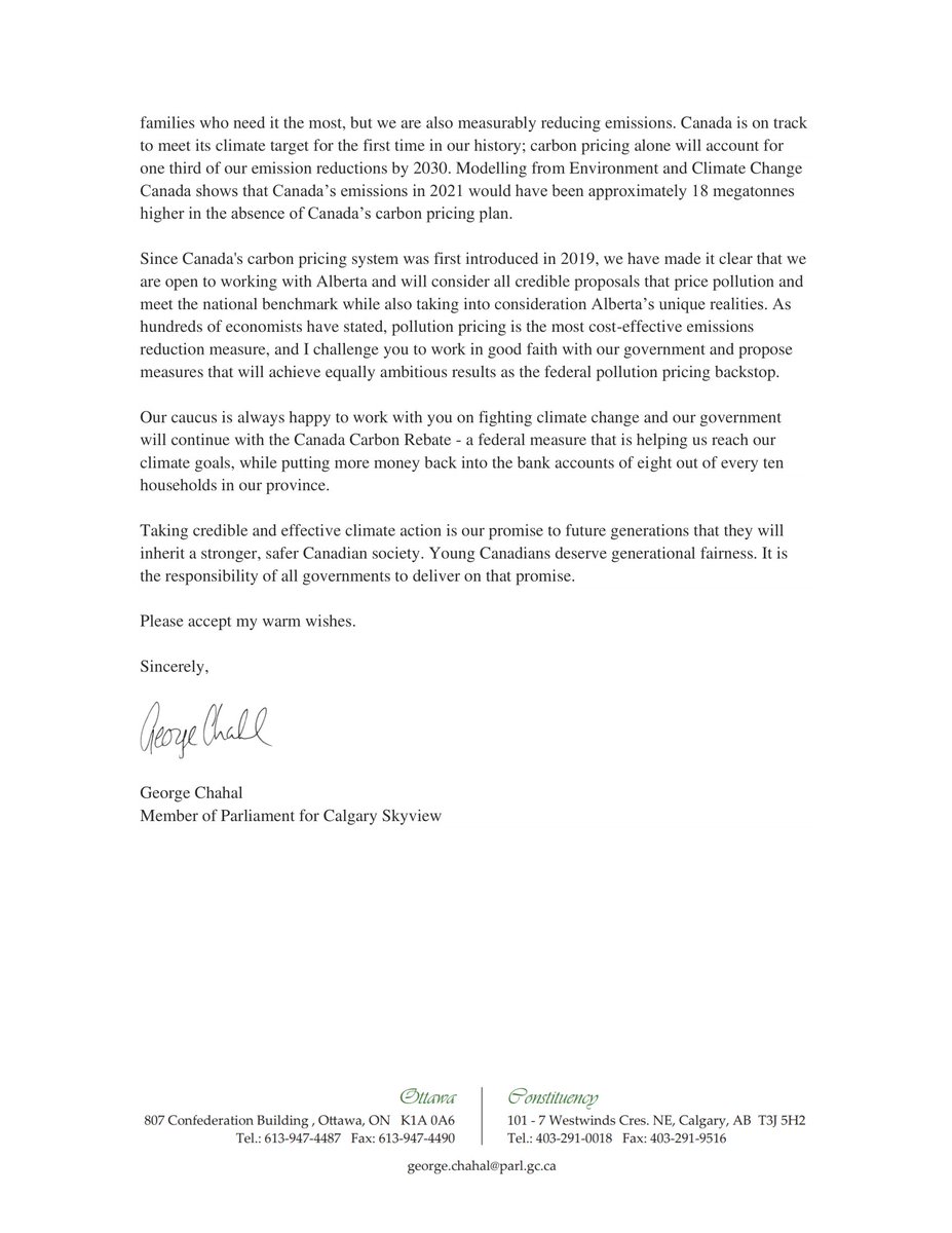 My letter to Premier @ABDanielleSmith regarding Canada's pollution pricing system.