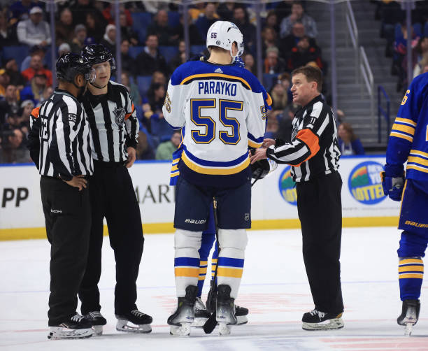 Refs for @Canes @StLouisBlues are TJ Luxmore (#21) and Kelly Sutherland (#11). Tonight's officials: scoutingtherefs.com/2024/04/44641/… #CARvsSTL #CauseChaos #STLBlues