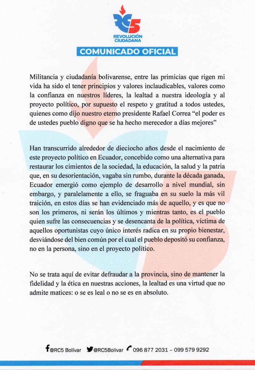 Rc5Bolivar's tweet photo. COMUNICADO OFICIAL @MashiRafael @RC5Oficial @LuisaGonzalezEc https://t.co/XqutjFCOR2