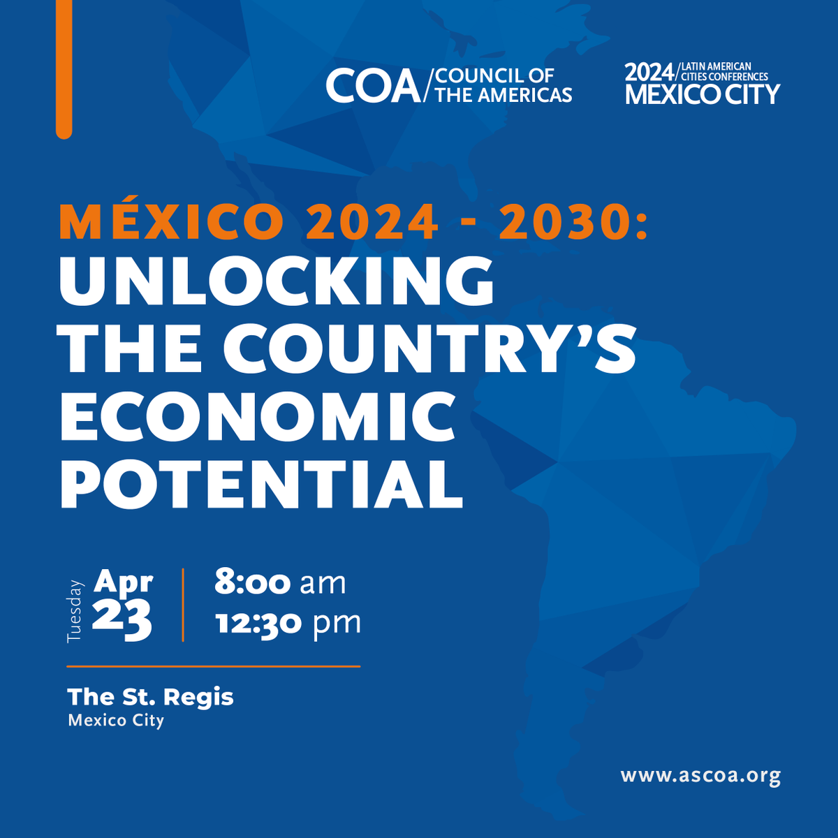 ASCOA's tweet photo. On April 23, join us for the 2024 Latin American Cities Conferences: Mexico City. #mxCOA
Top public- and private-sector leaders will discuss the country’s economic potential ahead of June 2 elections.
Attend in person or tune in online: https://t.co/KOMSUqRLBc https://t.co/qYqnlbzw3S