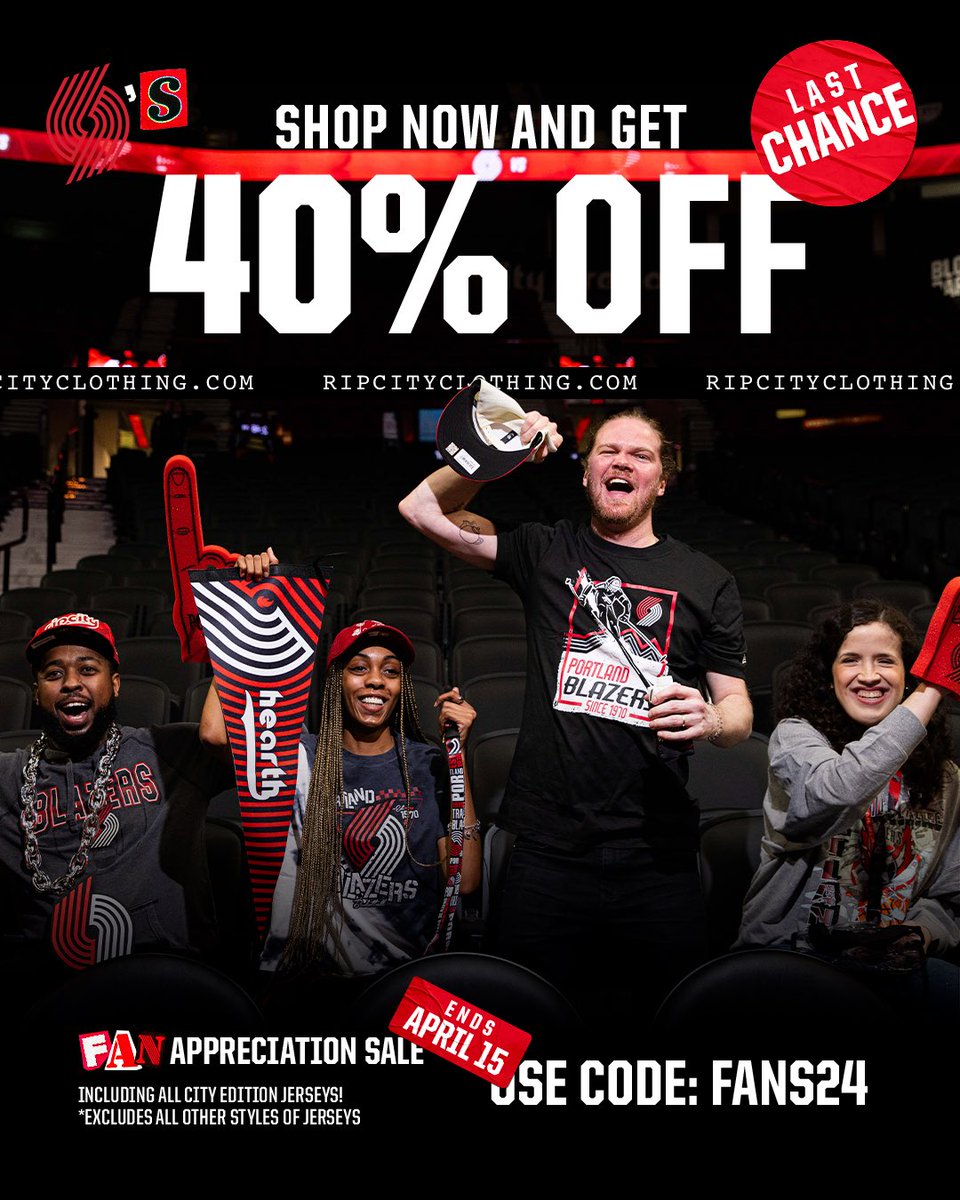 This ones for our fans, the heart and soul of our community ❤️ Now, for a limited time, score an epic 40% off at all Rip City Clothing locations and online!