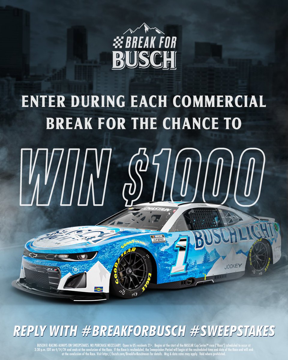 Happy Race Day, Busch Army! ​ Friendly reminder to turn on your notifications for the #AutotraderEchoPark400 and get ready to reply with #BreakForBusch #Sweepstakes during each commercial break for a chance to win $1K! @TXMotorSpeedway