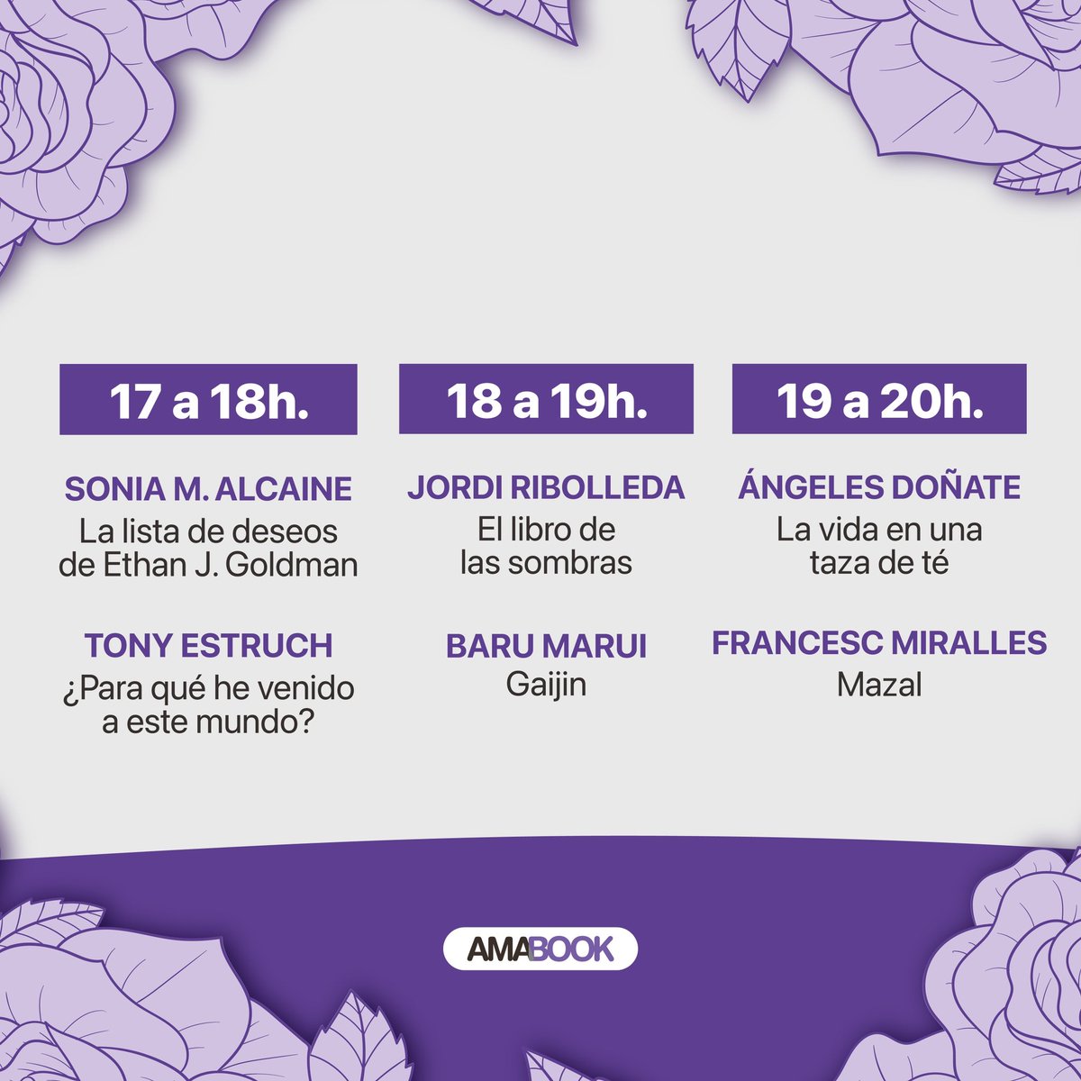 Este Sant Jordi tendremos diez horas ininterrumpidas de autores firmando ejemplares en nuestra parada... ¿a quiénes queréis ver? ✍️💜 ¡Consultad ya mismo el cronograma y programad vuestra visita! 🌹 📍Parada 20 en Paseo de Gracia (entre Valencia y Aragón). #amabook #santjordi