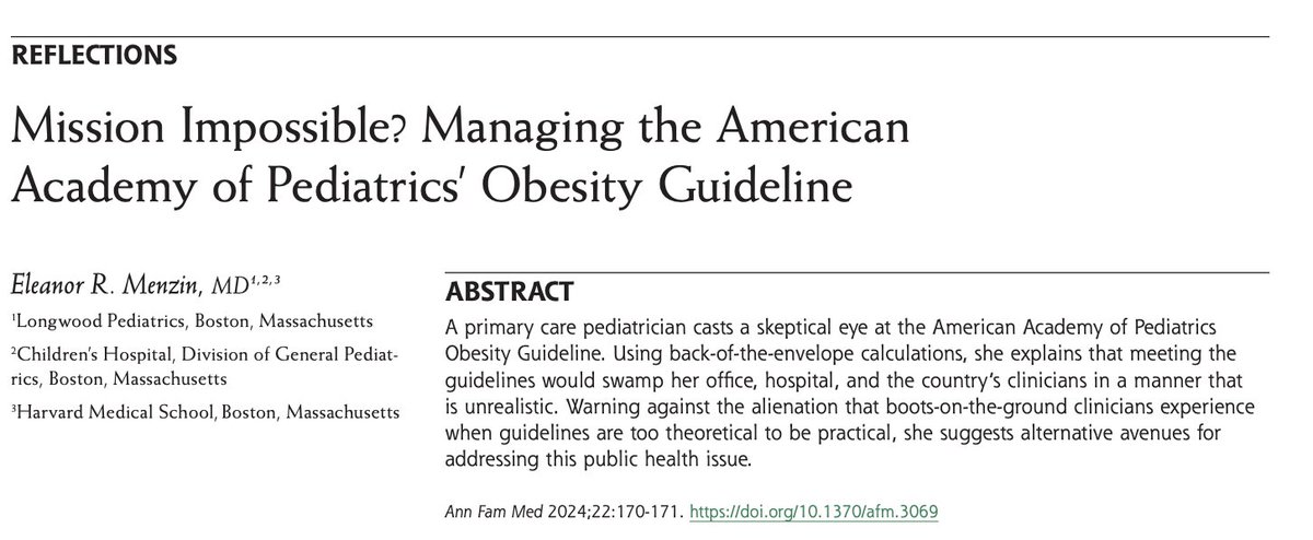 In our latest issue, Dr. Eleanor R. Menzin, MD, demonstrates through sample calculations the extensive resources needed to follow the American Academy of Pediatrics' obesity management guidelines. Full Paper: annfammed.org/content/22/2/1… @BostonChildrens @harvardmed