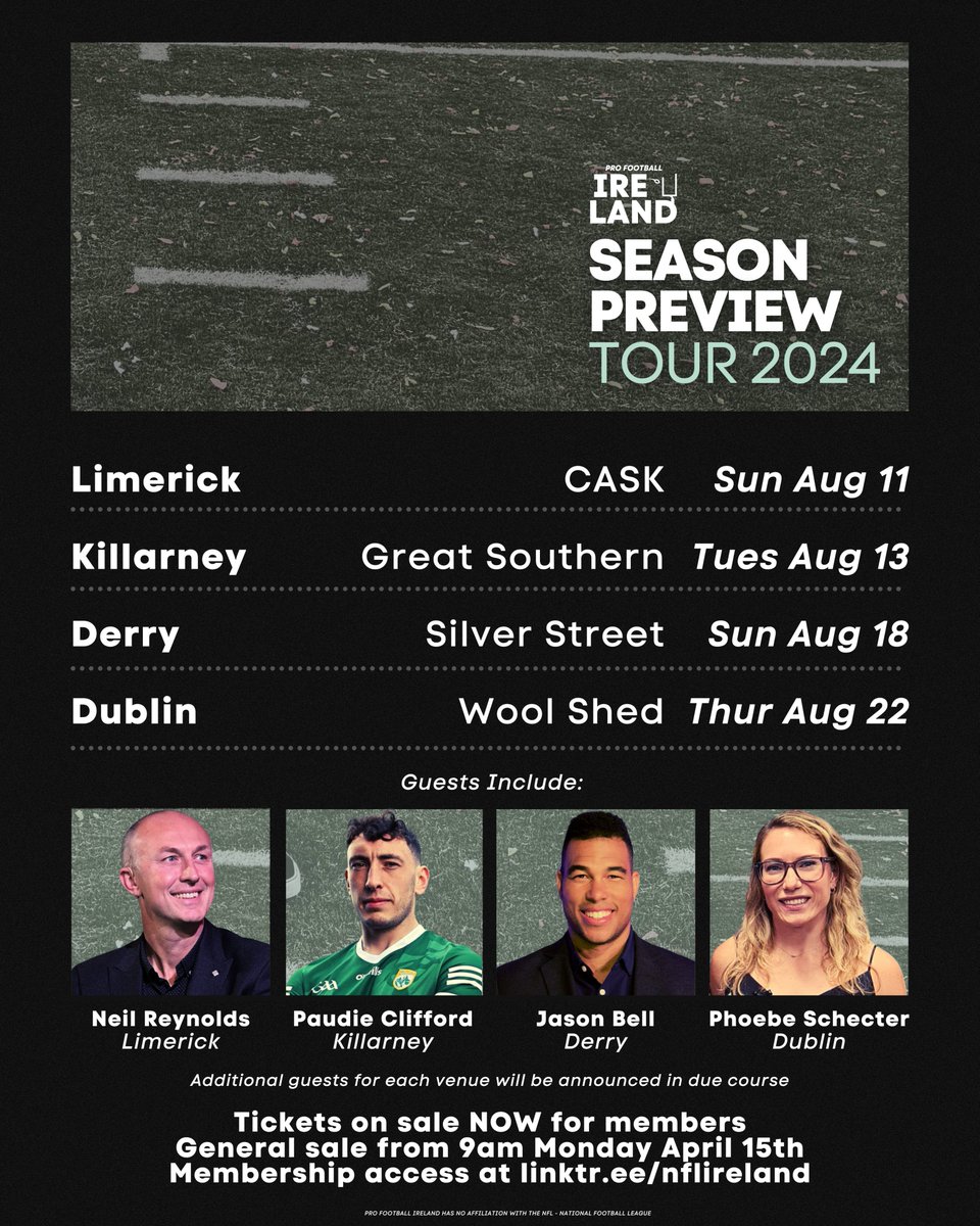 One HELL of a 🏈 TOUR - @neilreynoldsnfl in Limerick - Our debut in Kerry with some serious guests - Jason Bell comes home to Derry - @Phoebe_Schecter + friends in Dublin On Sale Monday 9AM from linktr.ee/nflireland