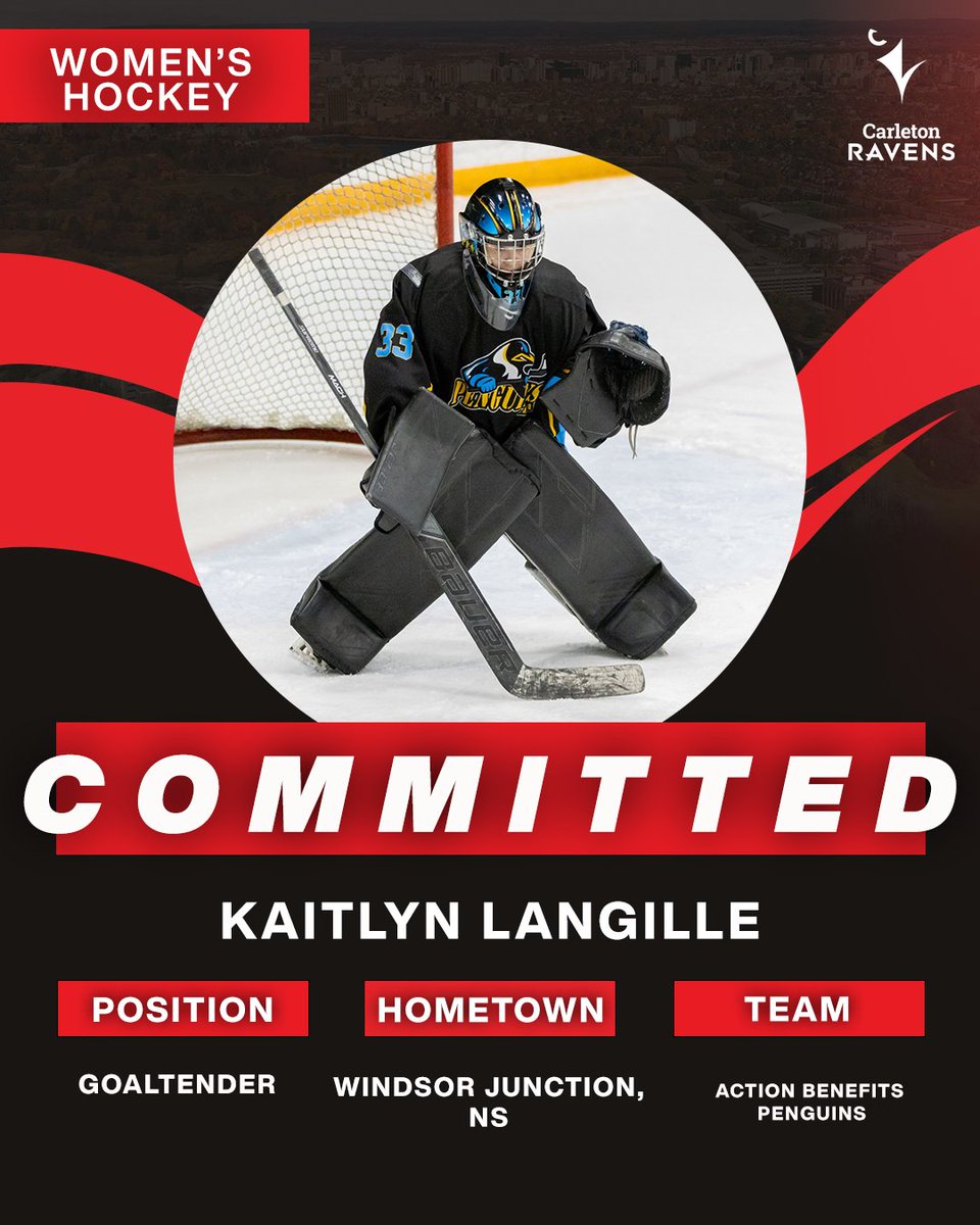 The Carleton Ravens women's hockey team is proud to announce the signing of goaltender, Kaitlyn Langille! 👏 🏒 Welcome to Carleton! 🐦‍⬛