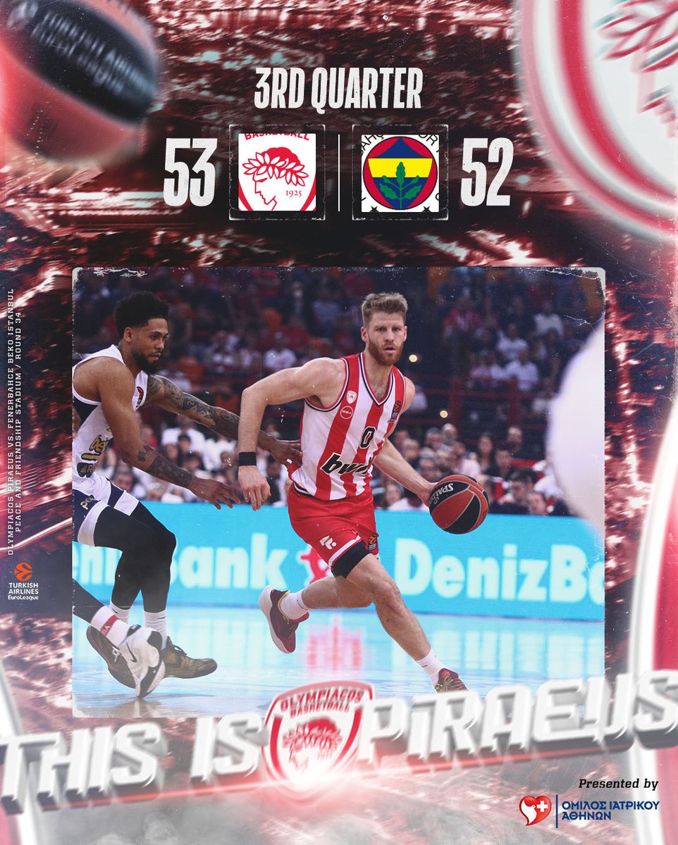 End of 3rd 🏀 #OlympiacosBC - Fenerbahce 53-52 (30') #EveryGameMatters #WeAreOlympiacos #TogetherWeFight #OLYFBB