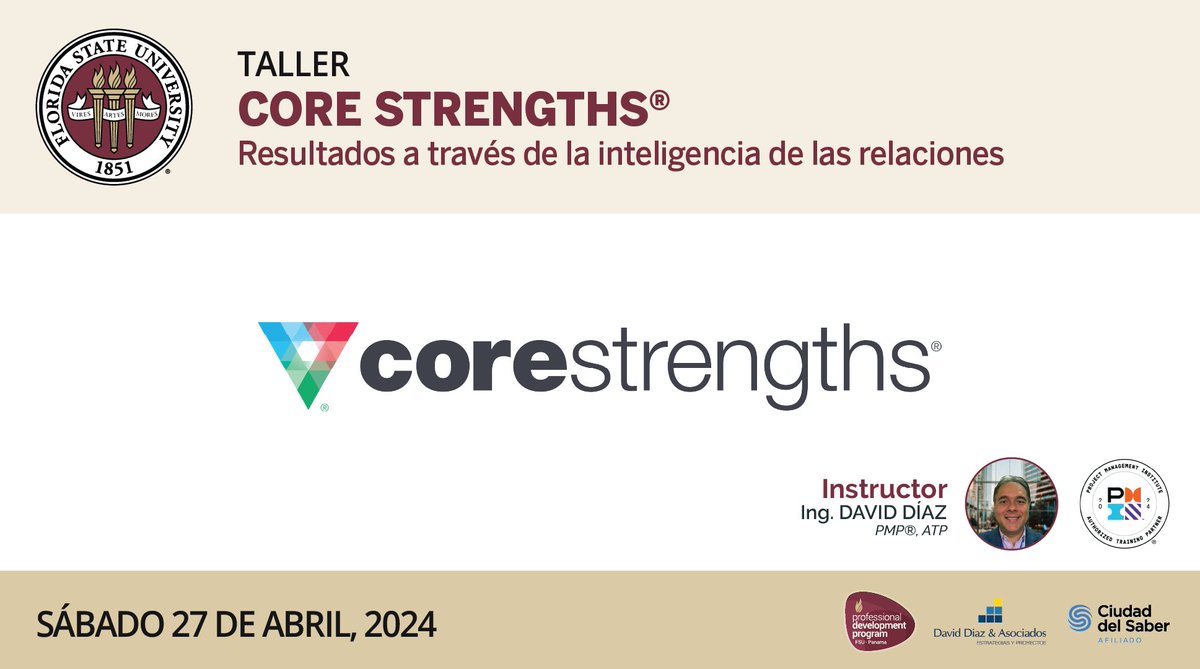 El entrenamiento de Core Strengths® le enseñará cómo elegir y usar las fortalezas que funcionan para cada uno de su equipo y le presentará opciones más efectivas para lidiar con las situaciones y con las personas más desafiantes. Más información en bit.ly/fsutallercores…