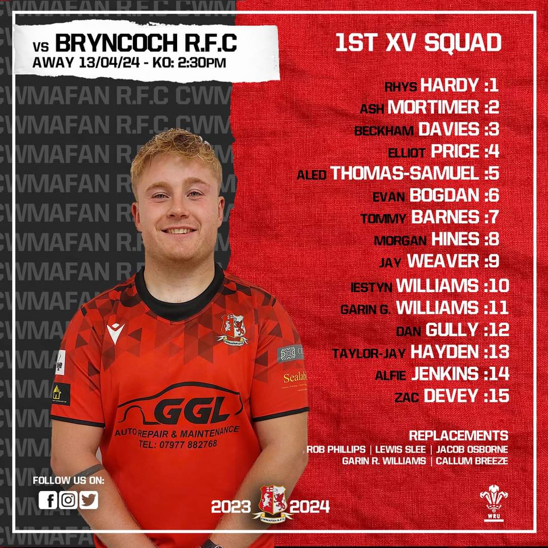 ***SQUAD ANNOUNCEMENT*** Your 1st XV team to face Bryncoch RFC tomorrow KO-2:30pm (AWAY)