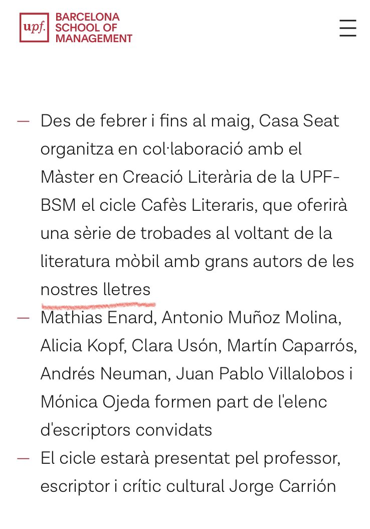 La UPF organitza, amb la Casa Seat, un cicle d’entrevistes a vuit escriptors, representants de “les nostres lletres”. Sis escriuen en castellà, un en francès i només un -una- en català. La Pompeu Fabra al servei de la castellanizació de Catalunya. @EnricGoma
