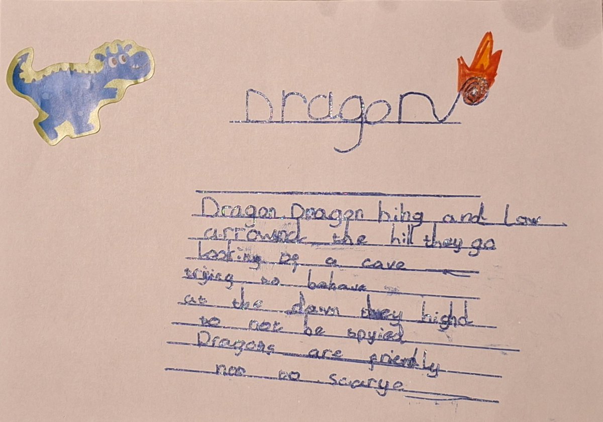 Dragon, by The Apprentice Dragon, dragon, high and low Around the hill they go Looking for a cave Trying to behave. At the dawn they hide To not be spied. Dragons are friendly Not to scary.