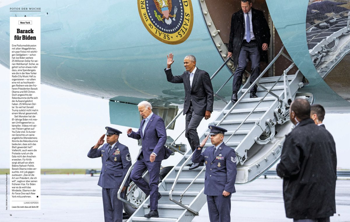 Photo by Doug Mills/The New York Times/Redux of Joe Biden and Barack Obama descending from Air Force One in NYC for a fundraiser, in Germany’s Focus magazine - April 2024 (via our German partner Laif) @dougmillsnyt @nytimesphoto #laifagentur #laifphoto @FOCUS_Magazin
