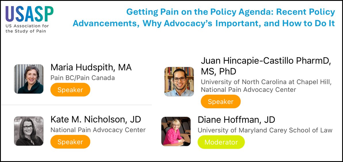 Looking forward to sharing a panel w/ Maria Hudspith, @speakingabtpain & Diane Hoffmann to discuss pain advocacy at the @US_ASP Annual Scientific Meeting 📢Improving pain demands not only advancements in research and clinical practice but also getting pain on the policy agenda!