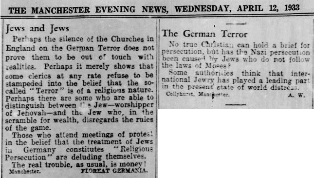 #OnThisDay 1933, a couple of months after Hitler came to power, letters published in the Manchester Evening News justifying the persecution of German Jews…