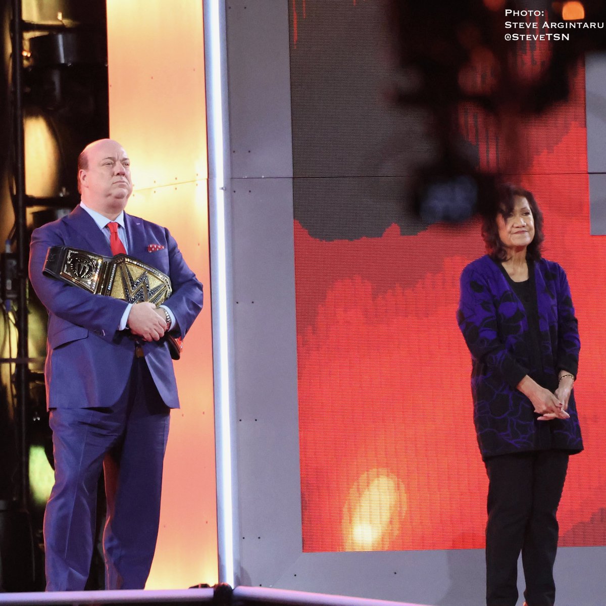 #WWEHOF intros at #WrestleMania 📷 The U.S. Express paying tribute to #BrayWyatt 📷 @BULLNAKANO_ in her trademark facepaint. 📷 Paul Heyman standing next to @TheRock’s mama, @atajohnson1. The Bloodline sticks together.