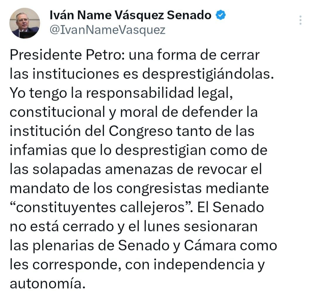 #NoticiaW | “Senado no está cerrado”: @IvanNameVasquez respondió a reciente declaración del presidente @petrogustavo. El congresista manifestó, además, que sería el jefe de Estado quien tendría interés de “revocar el mandato de los congresistas mediante constituyentes…