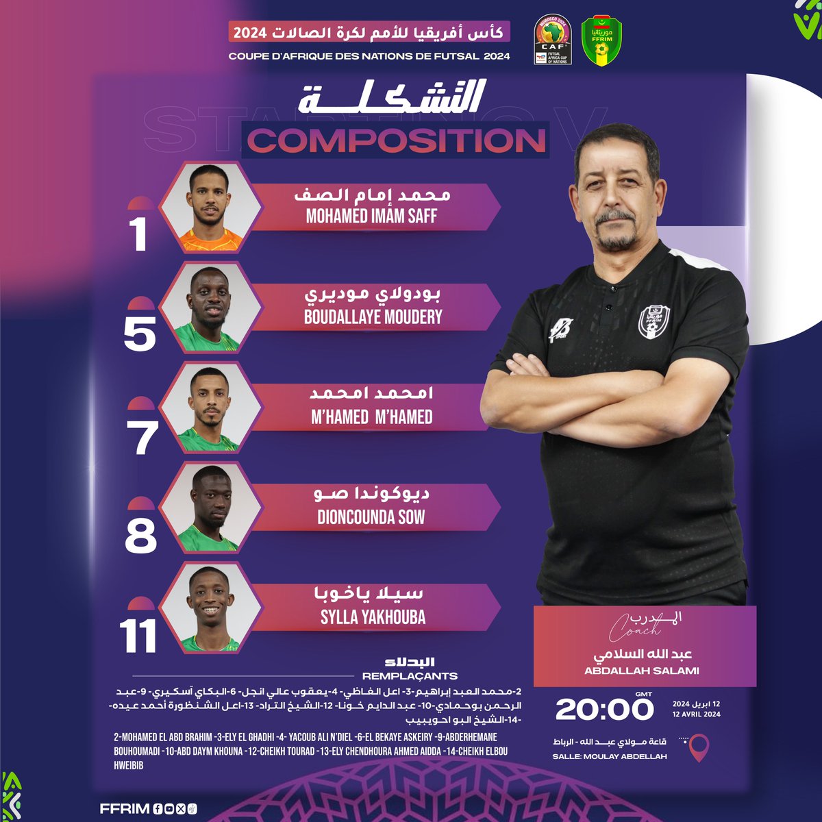 #FFRIM 🚨 | La composition du coach Abdallah Selami pour le premier match de la sélection nationale 🇲🇷 de futsal face à la Namibie 🇳🇦 en Coupe d’Afrique des Nations 2024 de la discipline.