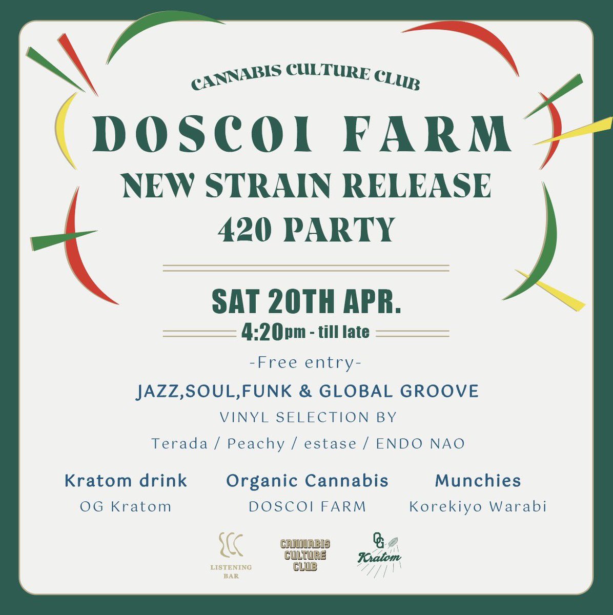 ccc_bkk22's tweet photo. [告知]
ヘッドグロワーDOSCOI FARMの新作ストレインリリースパーティーを4/20(土)に開催します🎉バンコクの各フィールドで活躍するミュージックセレクターを招集し、420祝祭限定カンナビスペアリングカクテルや美しいマンチースイーツ、話題のOG Kratomドリンクもご用意しております。 https://t.co/GUQ0YHag06