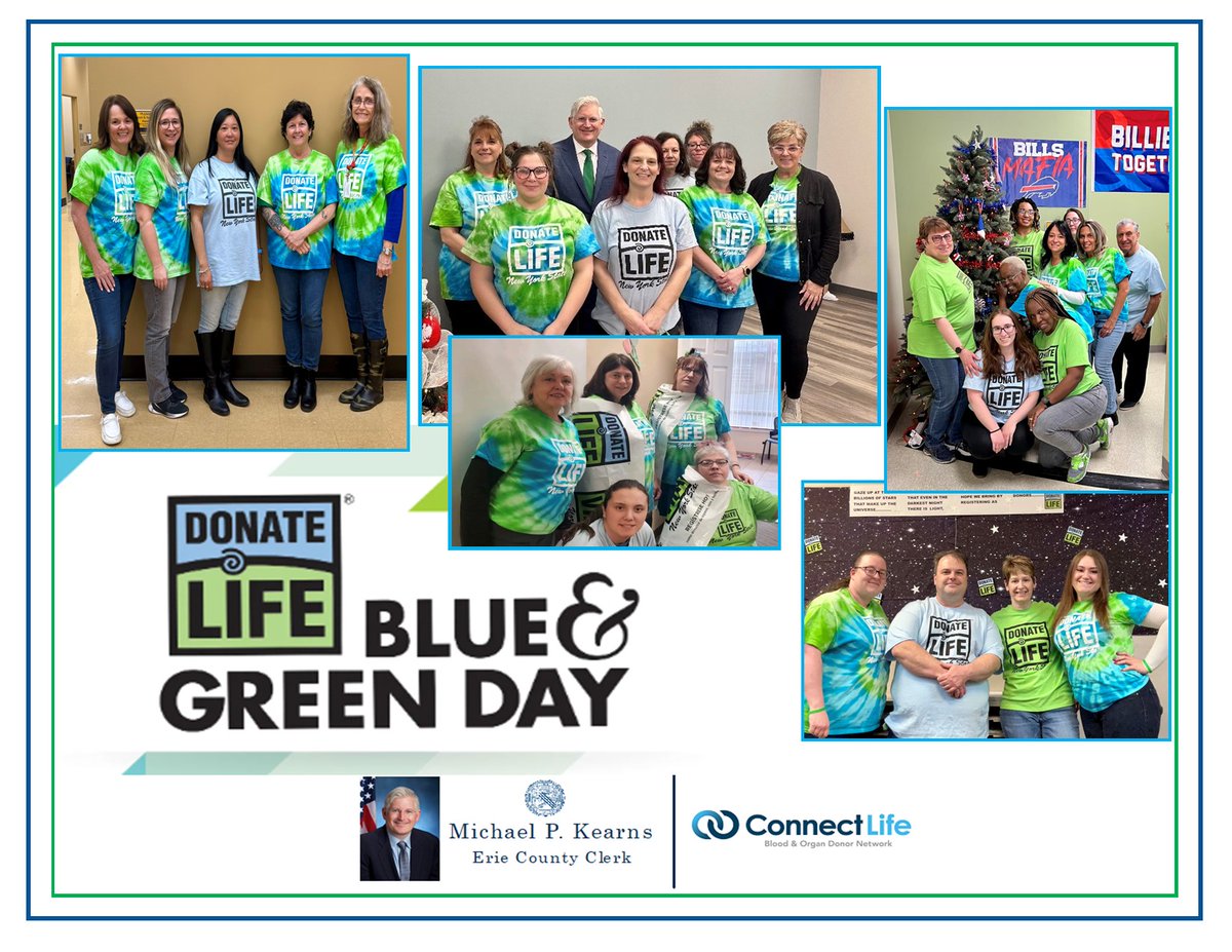 It's Blue & Green Day💙💚 Erie County Auto Bureau staff dressed in celebration & in support of organ, eye & tissue donation! We encourage motorists to add the “Organ Donor” designation to your license or non-driver ID. #BlueGreenDay #BlueGreenSpiritWeek #DonateLifeMonth #DMV