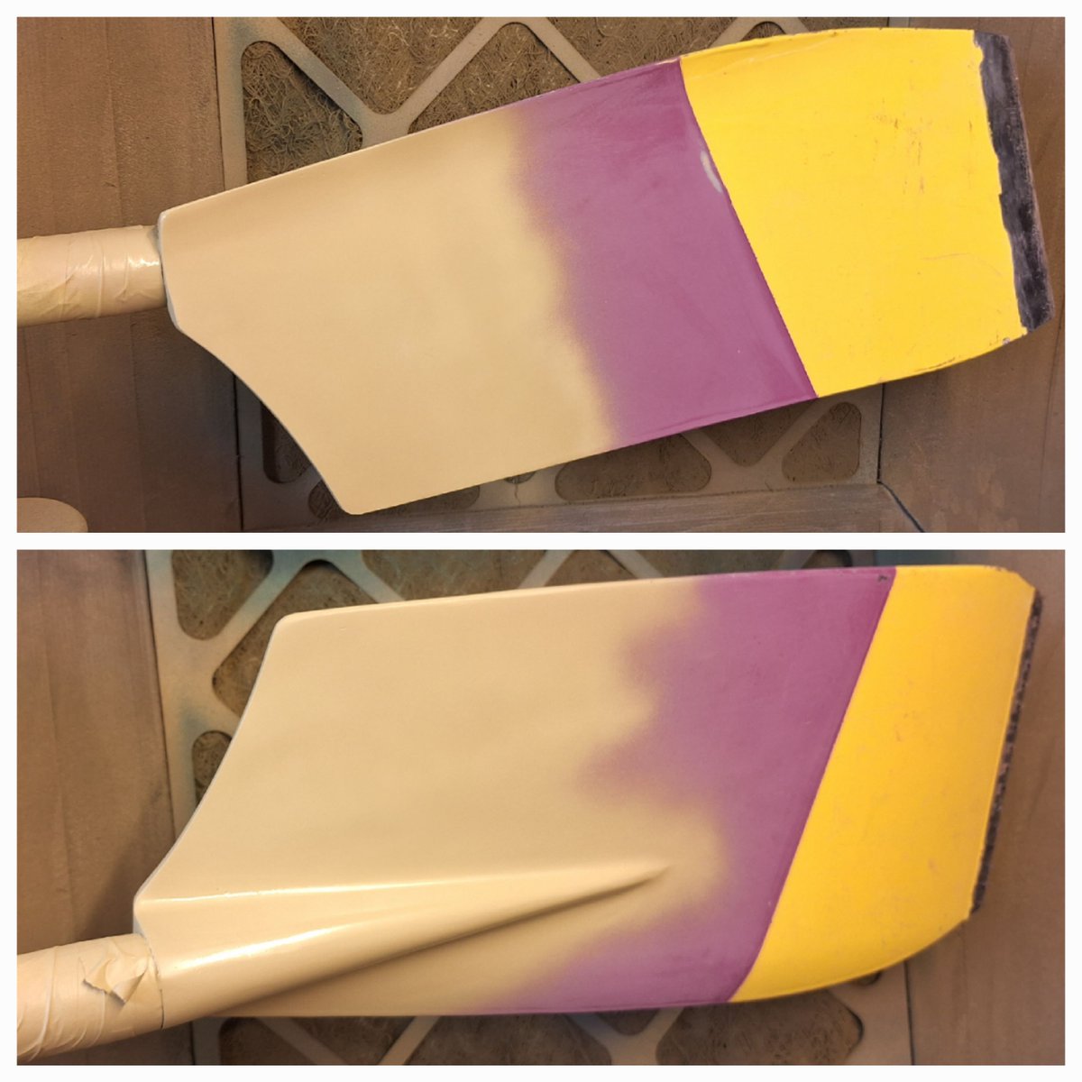 With a bit of primer. Club will do the top colours. Repaired with 2-3 layers of 100g unidirectional carbon, 1-2 layers of 100g plain weave fibreglass, then 48g glass on top. Remember: DO NOT STAND ON THE SPOONS