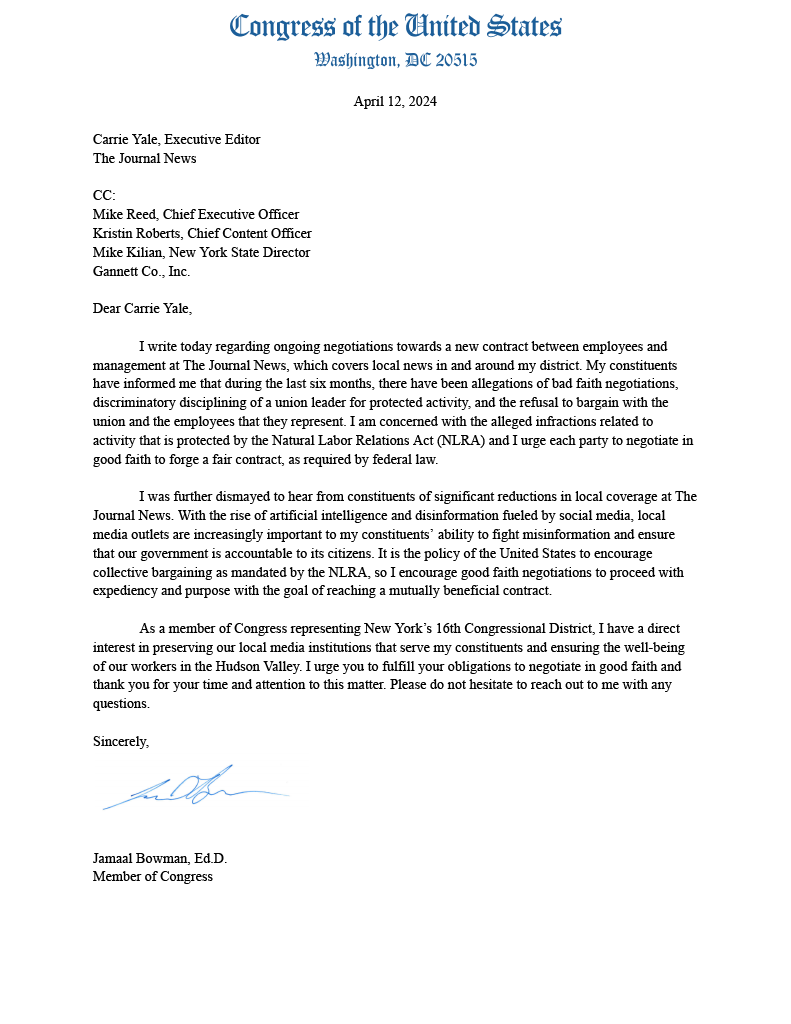 Today, I sent a letter to the Journal News and parent company Gannett urging them to bargain in good faith and respect their workers. Workers' rights are protected by the National Labor Relations Act, and employers must fulfill their duty to bargain in accordance with the law.