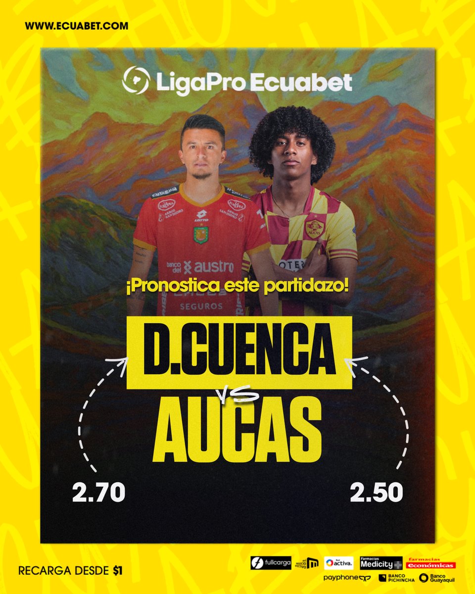 💫 ¡PARTIDAZO EN LA #LigaProEcuabet! 🔝 AUCAS pone su liderato sobre la mesa esta noche en el Austro. DEPORTIVO CUENCA con nuevo cuerpo técnico quiere lograr su primera sonrisa de la temporada. 📲 Pronostícalo ya en ecuabet.com