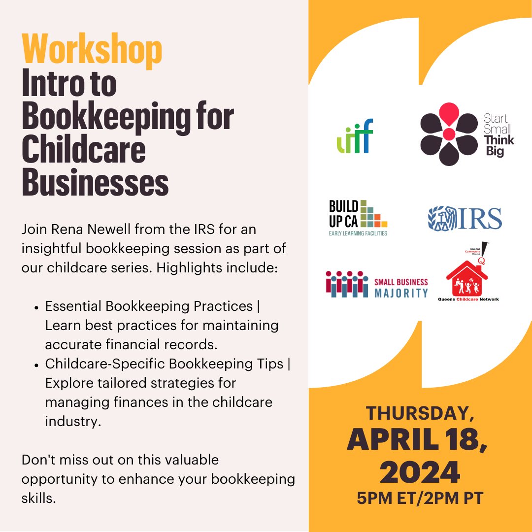 Join next week, April 18th at 2pm PT for another webinar hosted by @start_small on bookkeeping for child care providers!

Register here: us02web.zoom.us/webinar/regist…