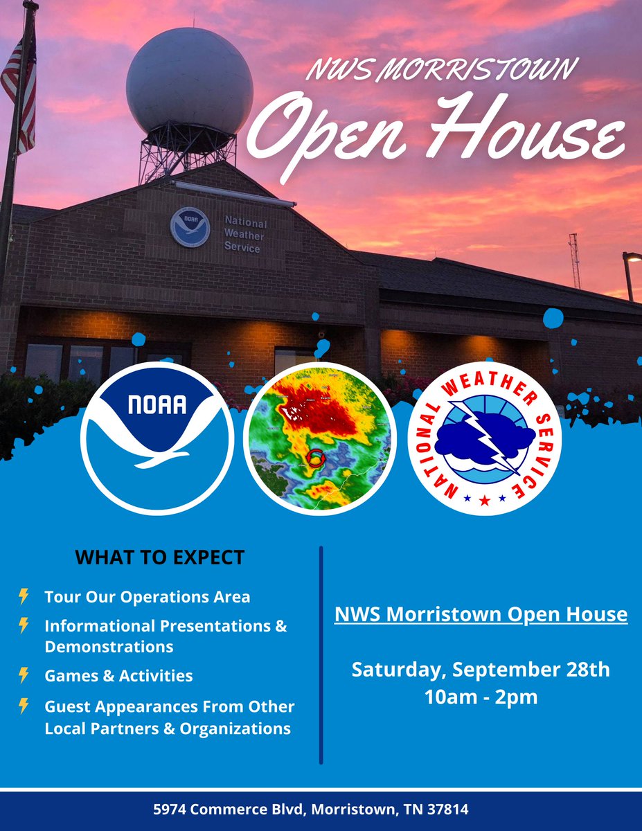 NWSMorristown's tweet photo. 📅Mark your calendars! 

⚡Saturday, September 28th, 10 AM to 2 PM

Join us for our 2024 Open House! It's free and open to the public!

Look for more details over the upcoming months.

https://t.co/ivFCpQDO69 https://t.co/jb7T3LR5G5