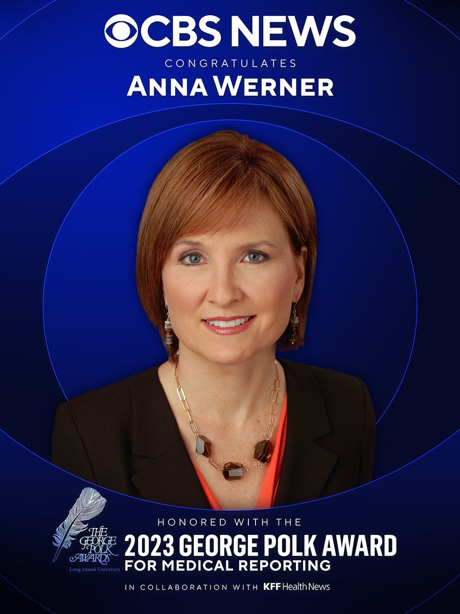 CBS News PR (@cbsnewspress) on Twitter photo Congratulations to @AnnaWerner, who was presented with a 2023 George Polk Award for Medical Reporting at a ceremony today. "When Medical Devices Malfunction" was produced by <a href="/nicolekeller/">Nicole Keller</a> and was a collaboration between <a href="/CBSNews/">CBS News</a> and <a href="/KFFHealthNews/">KFF Health News</a>.
For more on the winners: Congratulations to @AnnaWerner, who was presented with a 2023 George Polk Award for Medical Reporting at a ceremony today. "When Medical Devices Malfunction" was produced by <a href="/nicolekeller/">Nicole Keller</a> and was a collaboration between <a href="/CBSNews/">CBS News</a> and <a href="/KFFHealthNews/">KFF Health News</a>.
For more on the winners: