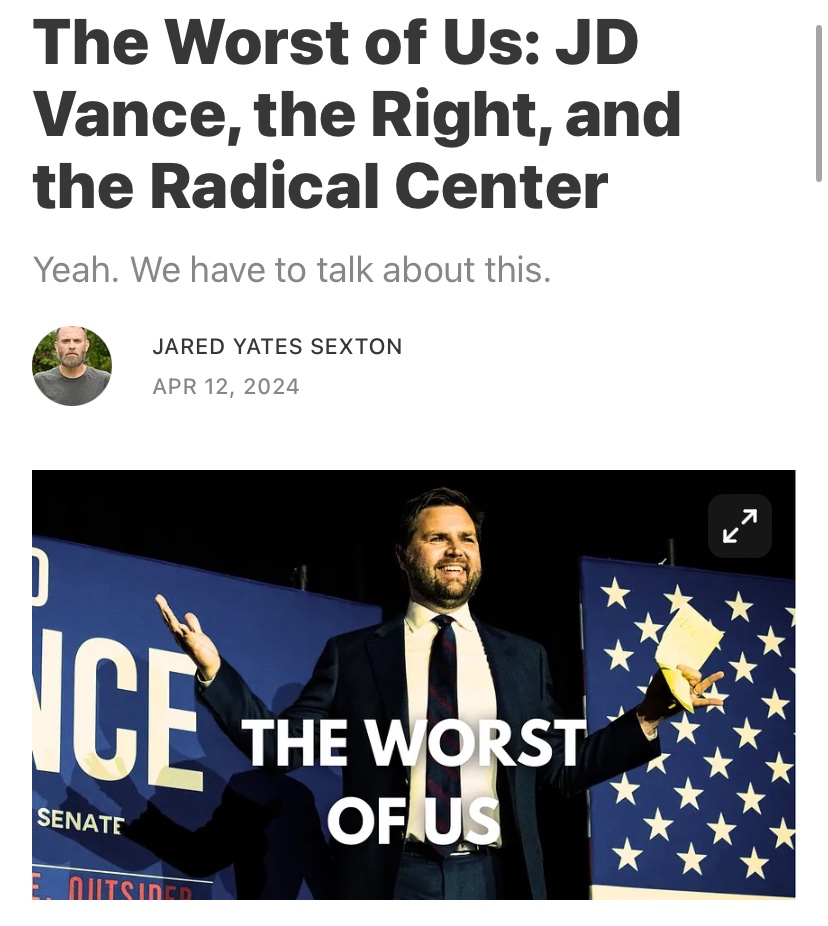 I detest JD Vance. He built his career and earned a fortune telling the powerful that poor people deserved their suffering. Now, in power, he’s laying the foundation for the normalization of authoritarianism and dictatorial aggression. jaredyatessexton.substack.com/p/the-worst-of…