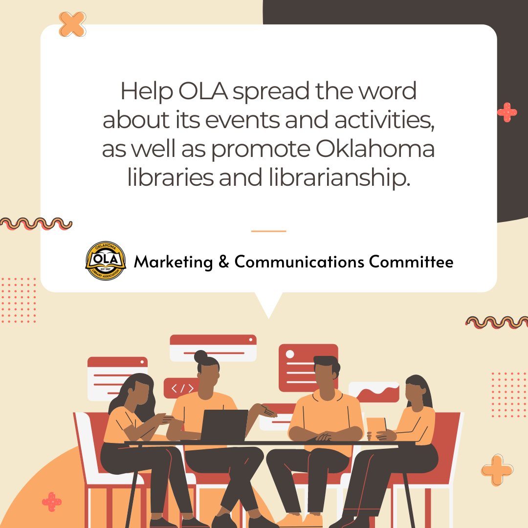 Join the Marketing and Communications Committee to help OLA spread the word about its events, activities, and promote Oklahoma libraries and librarianship. Submit the OLA Committee Preference Form by May 17: oklibs.org/page/Committee…