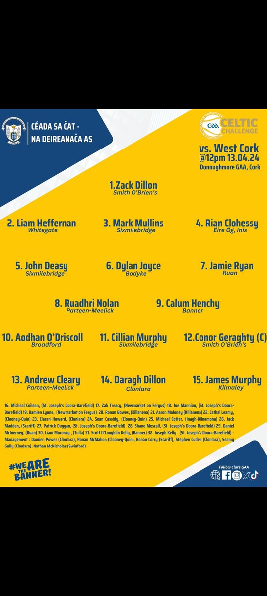 Best of luck to Liam Heffernan who lines out for Clare tomorrow against West Cork in the Celtic Challenge U17 Hurling Tournament. Best of luck to team and management ! ⚫️🔴 🟡🔵