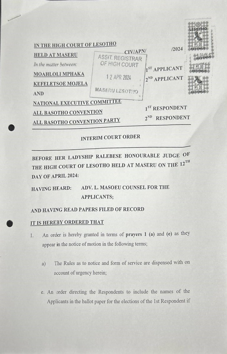 The High Court has ordered that former Government Secretary Moahloli Mphaka & one Kefeletsoe Mojela contest for ABC NEC elections, set for this weekend. This was after they were disqualified from the race because they had not held any positions in the party’s committees.