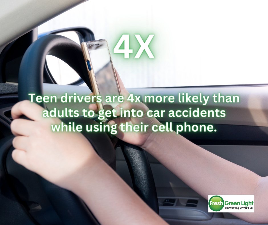 #Teendrivers are 4x more likely than adults to get into #caraccidents while using their cell phone. Talk to them about the consequences of #distracteddriving #freshgreenlight #driversed #drivingschool #safedriver #safedrivingtips #DistractedDrivingAwarenessMonth #putyourphonedown