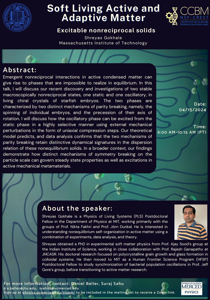 UCMercedPhysics's tweet image. We are excited to announce that the next SLAAM seminar will be given by Dr. Shreyas Gokhale (MIT) on Monday, April 15, at 9 am PT/12 noon ET (US).
Title: “Excitable nonreciprocal solids”
@ShreyasG86