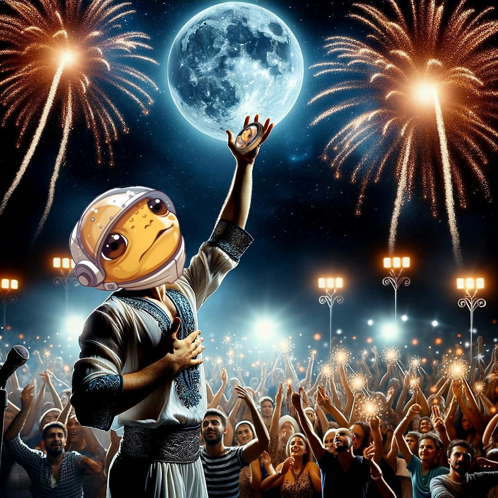 $Turbo stands in front of his investors with a big grin. His gaze radiates anticipation and determination as he triumphantly raises the @TurboToadToken toward the 🌒 'Today marks a turning point. We're setting sail for the moon! 🚀💼🌕 'Buy the dip and fill your pockets!' 📉💰…