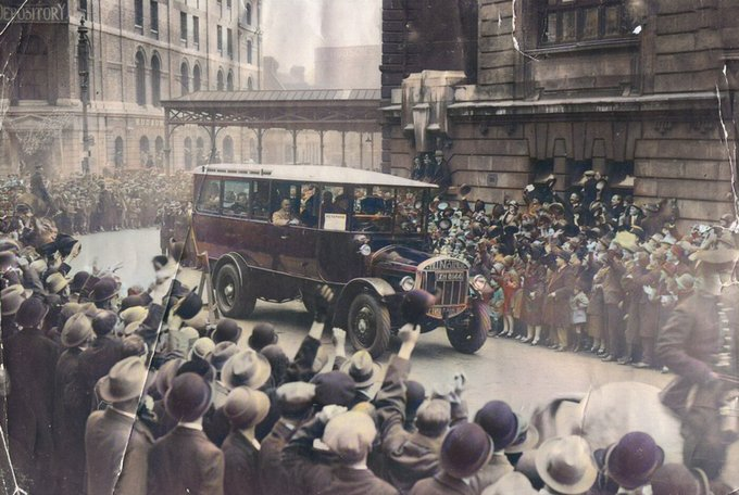 More than 10,000 people turned out at Victoria Station to welcome the arrival of the Australian tourists on April 18th 1926. They had landed at Dover earlier that morning and drove into London on a Tilling Stevens petrol electric bus