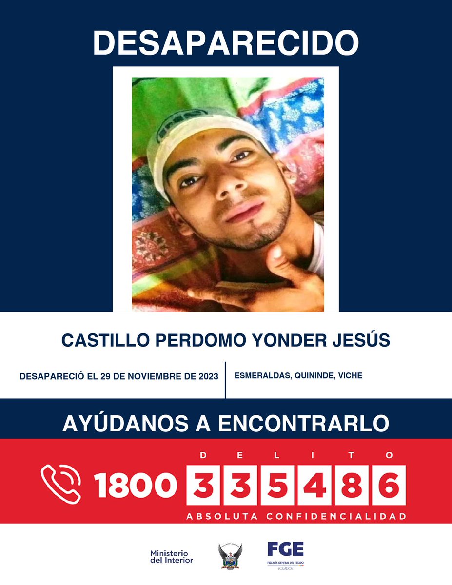 #DesaparecidosEcuador | #Esmeraldas: si tienes información sobre la ubicación de Yonder Jesús Castillo Pedromo, comunícate de inmediato con las autoridades. Fue visto por última vez el 29 de noviembre de 2023 en la parroquia #Viche del cantón #Quinindé.